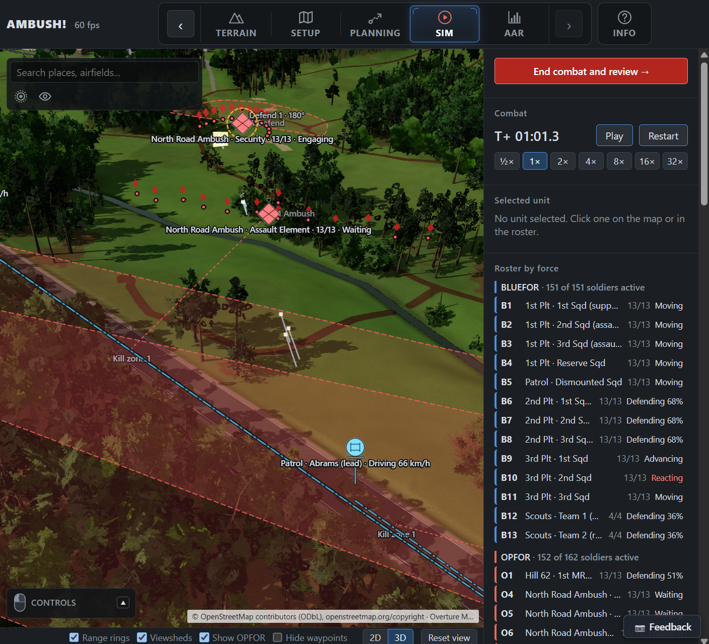 AMBUSH! simulation in Sim mode: 3D terrain view of an ambush in progress with the force roster