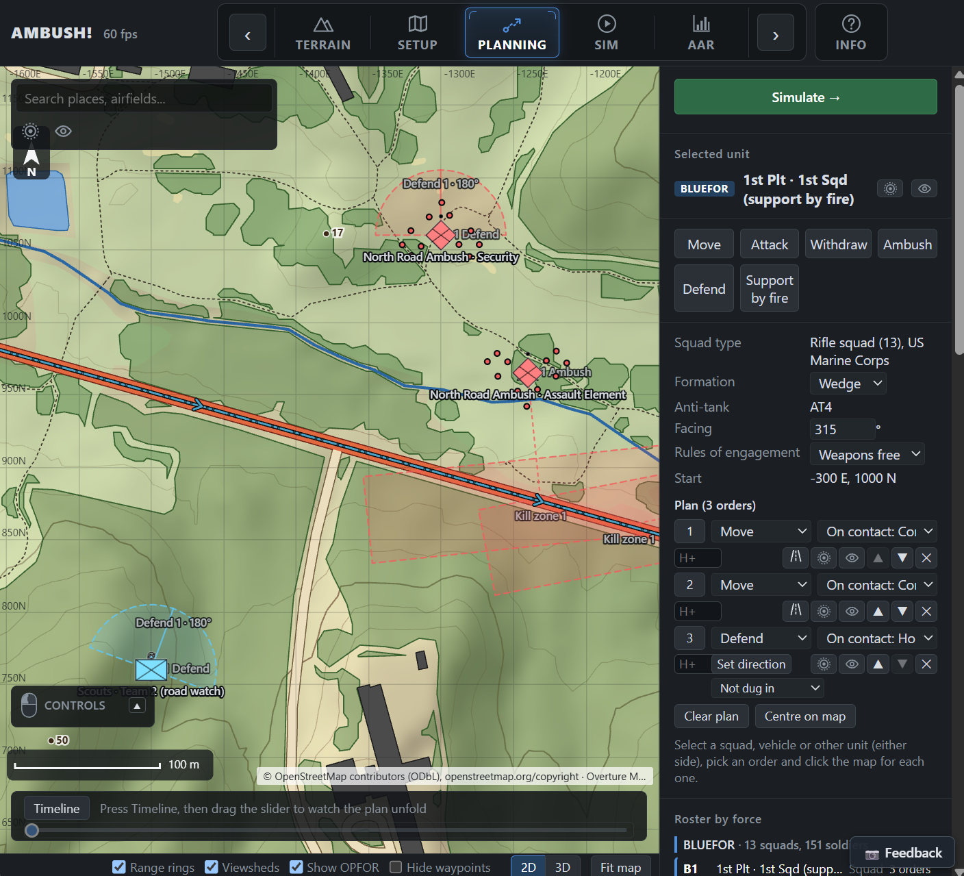 AMBUSH! simulation in Planning mode: 2D terrain map with unit orders and a squad order panel